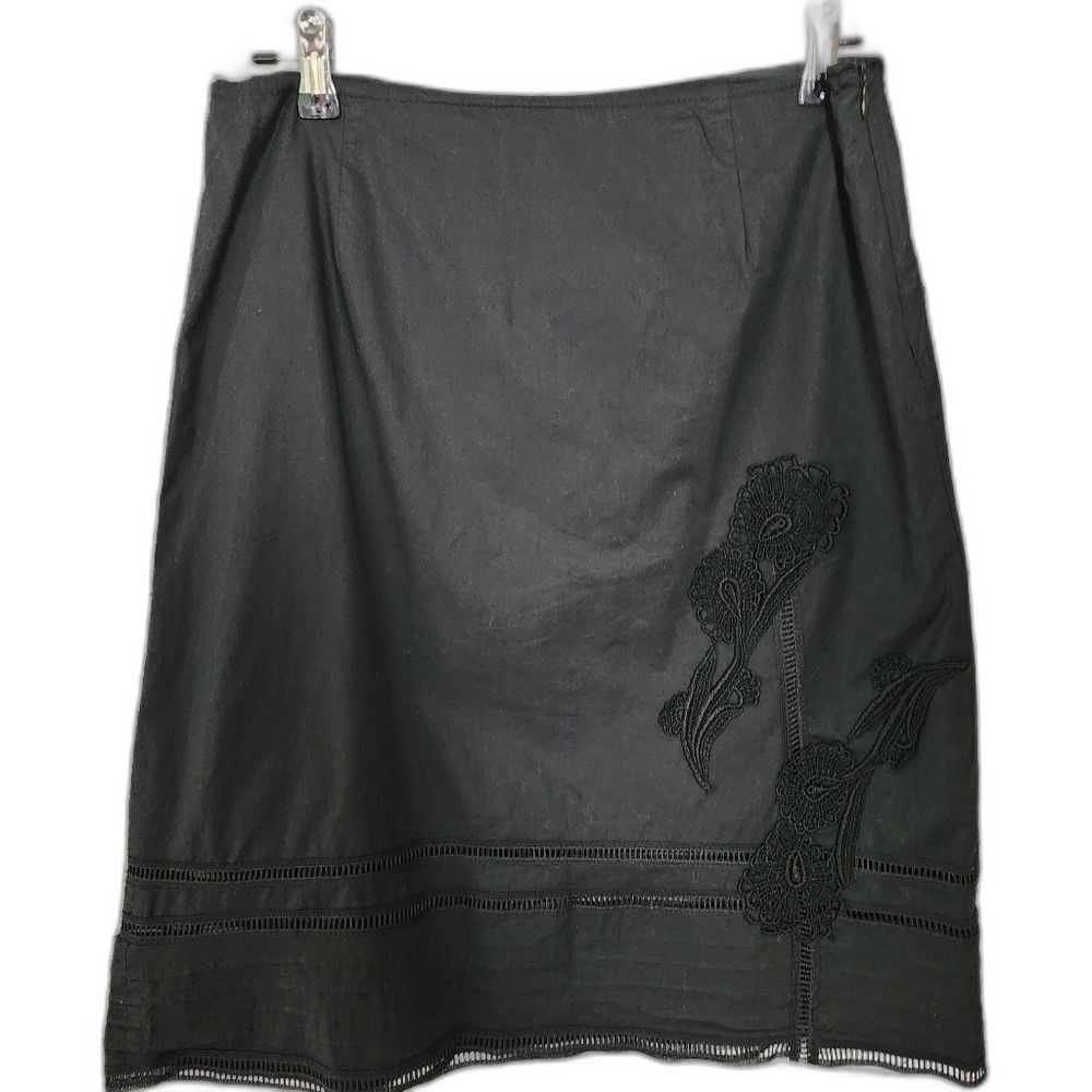 Vintage 90s Cynthia Steffe Black Cotton Blend Floral Embroidered Skirt - Size 8